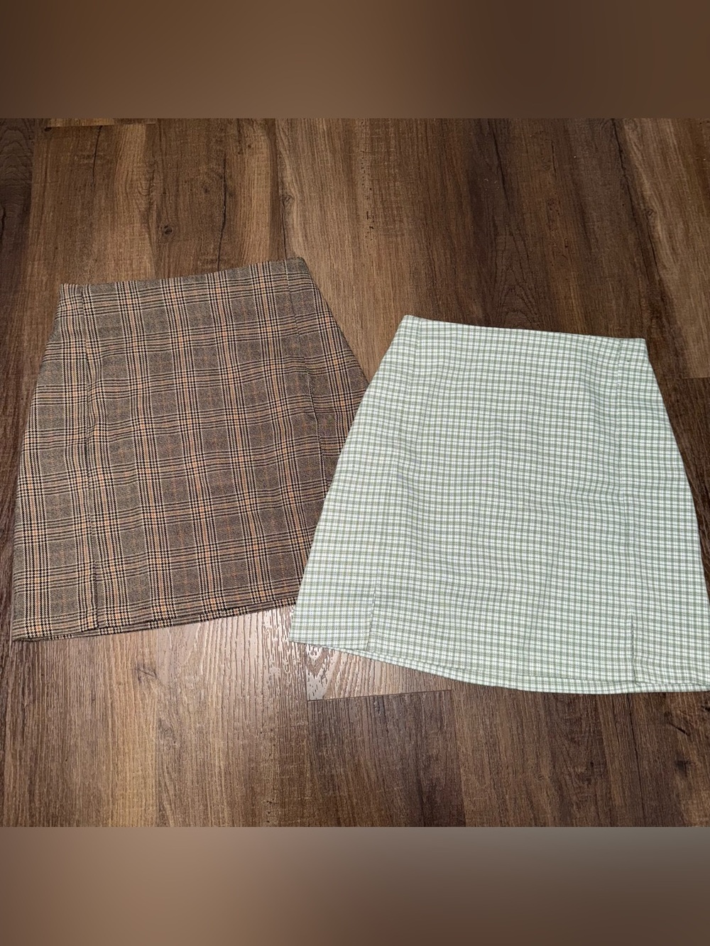John Galt California Classic Plaid Mini Skirts - Brown Plaid & Light Green Plaid